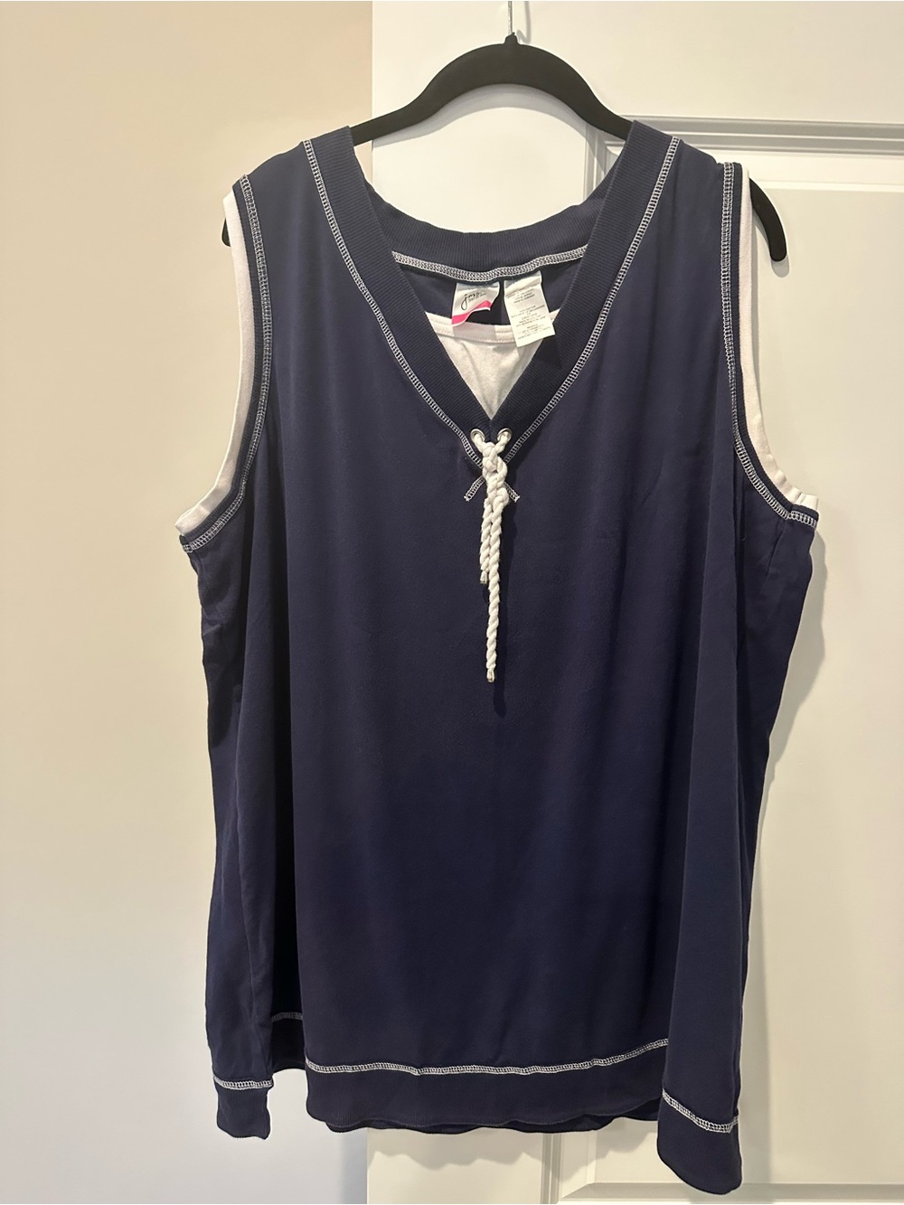 Hanes Navy 4X Sleeveless V-Neck Tank with White Rope Accent